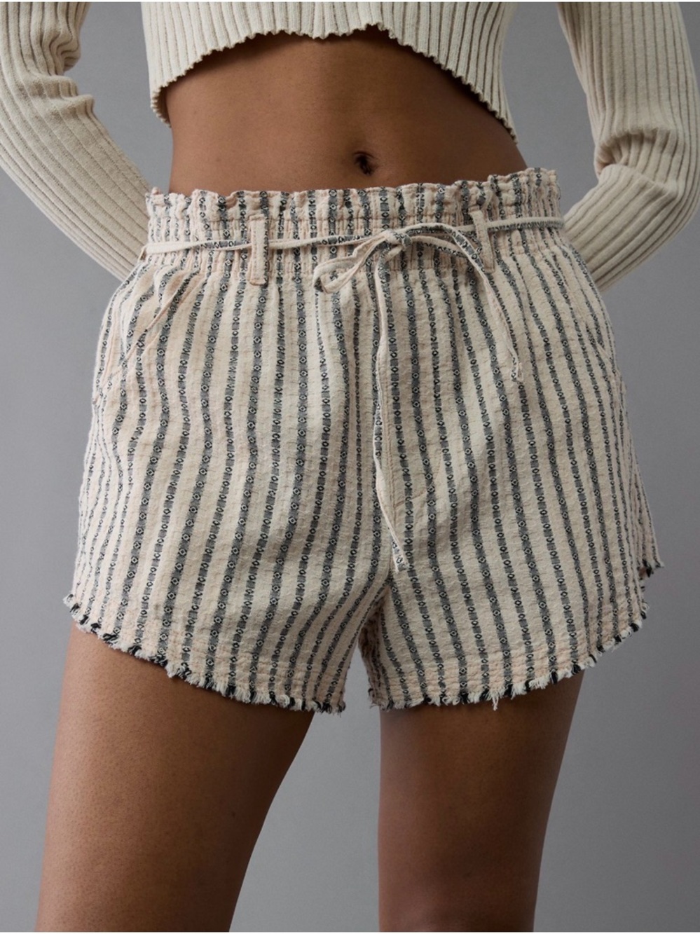 AE High Waisted Paperbag Waist Striped Shorts